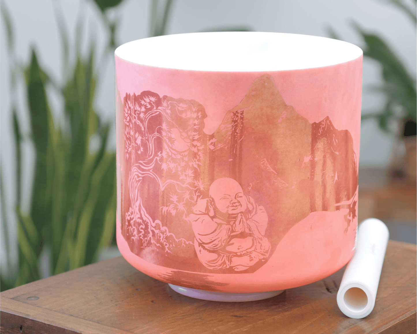 9" G#+15 Rose Quartz, Palladium w/ Etched Full Moon Prayer of Budda in Nature Frosted
